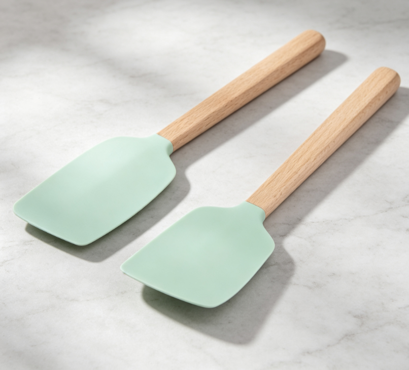Light Green Silicone Spatula Set with Wooden Handle (Two Pieces)