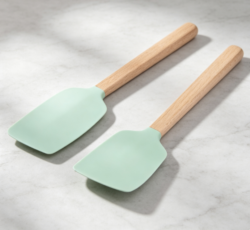 Light Green Silicone Spatula Set with Wooden Handle (Two Pieces)