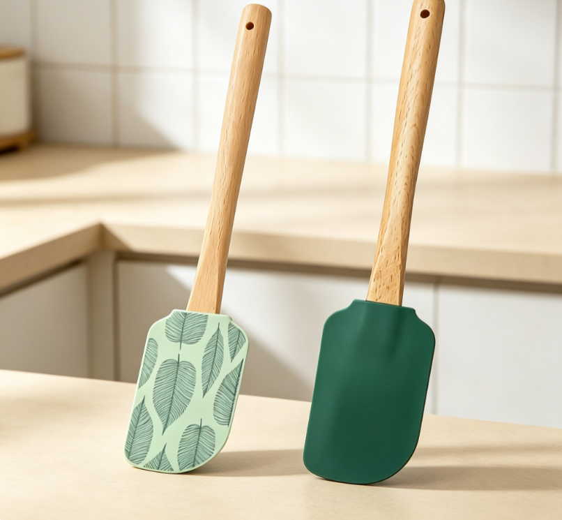 Printed Silicone Spatula with Wooden Handle (Two-Piece Set)