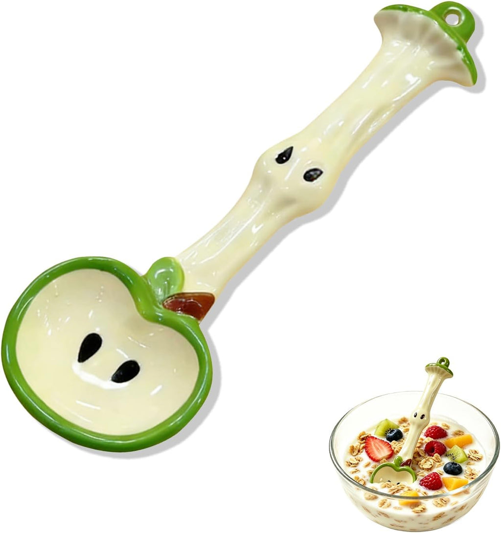 Apple-Shaped Ceramic Small Soup Spoon, Handmade Long-Handled Dessert Spoon