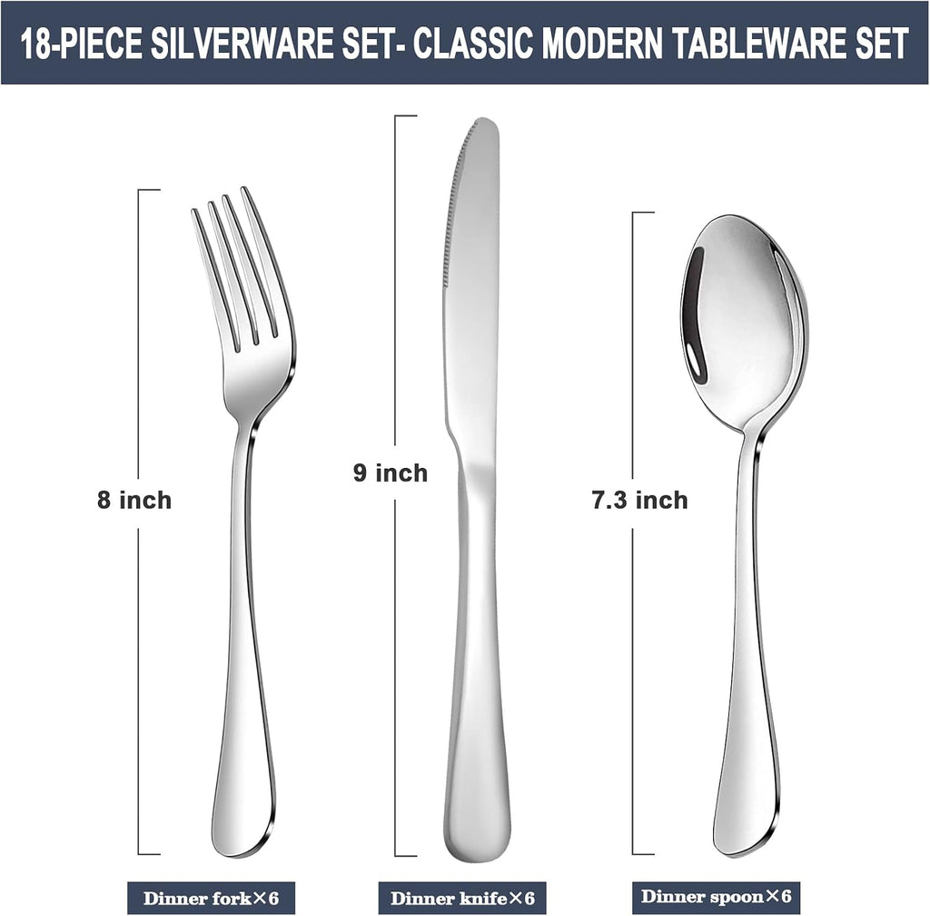 Silverware Set, Stainless Steel Knives Spoon Forks Set for Home, Kitchen and Restaurant, Mirror Polished& Dishwasher Safe (18pcs Silverware set)