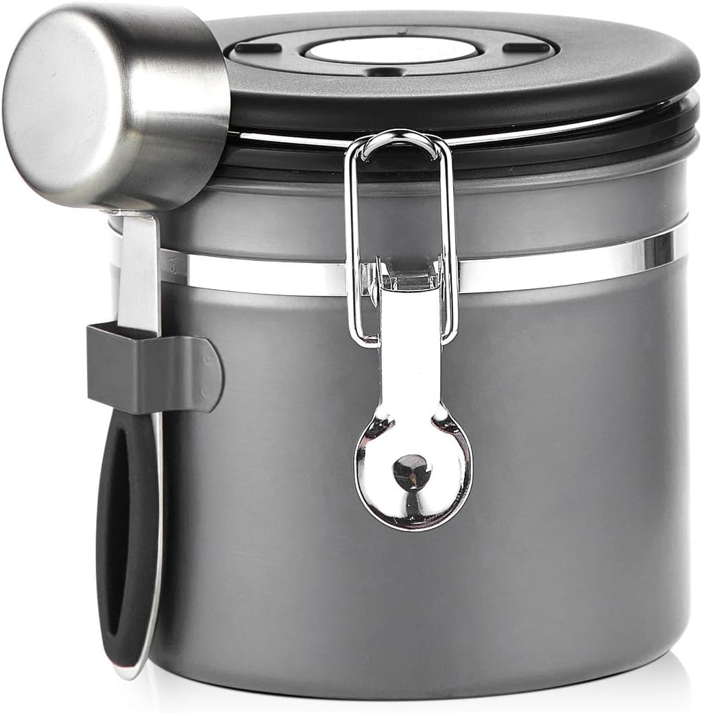 Coffee Canister, Small Stainless Steel Coffee Bean Storage Container with Date Tracker, Airtight Coffee Canister with CO2 Valve & Free Scoop (800ML-Grey)