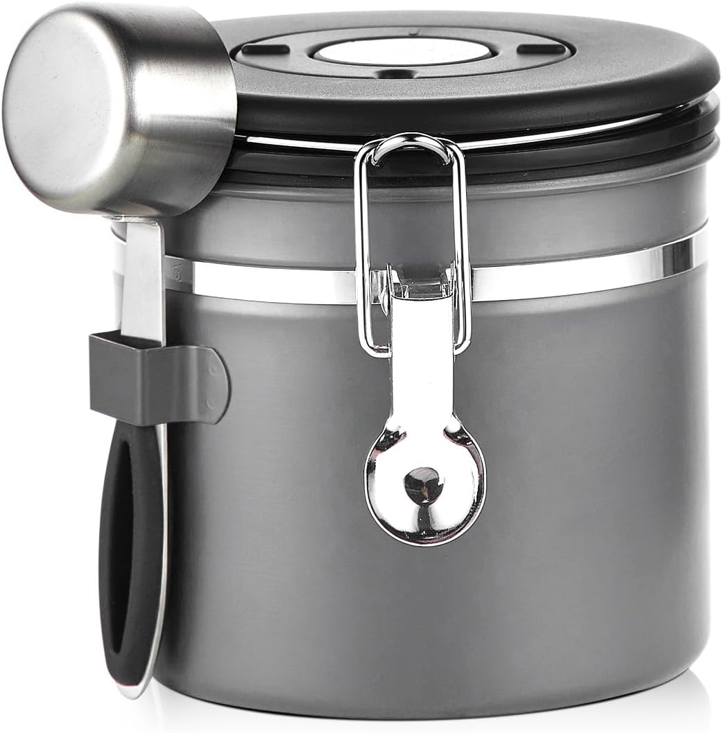 Coffee Canister, Small Stainless Steel Coffee Bean Storage Container with Date Tracker, Airtight Coffee Canister with CO2 Valve & Free Scoop (800ML-Grey)