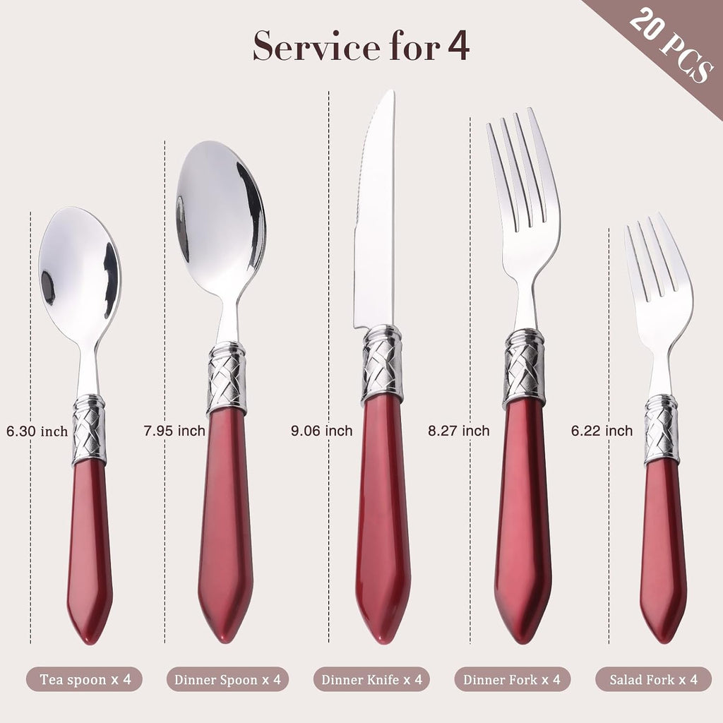 20-Piece Cutlery Set, Retro Rose Red Handle Stainless Steel (Knife, Fork, Spoon, Tea Fork, TeaSpoon) - 4 Person Set, Dishwasher Safe
