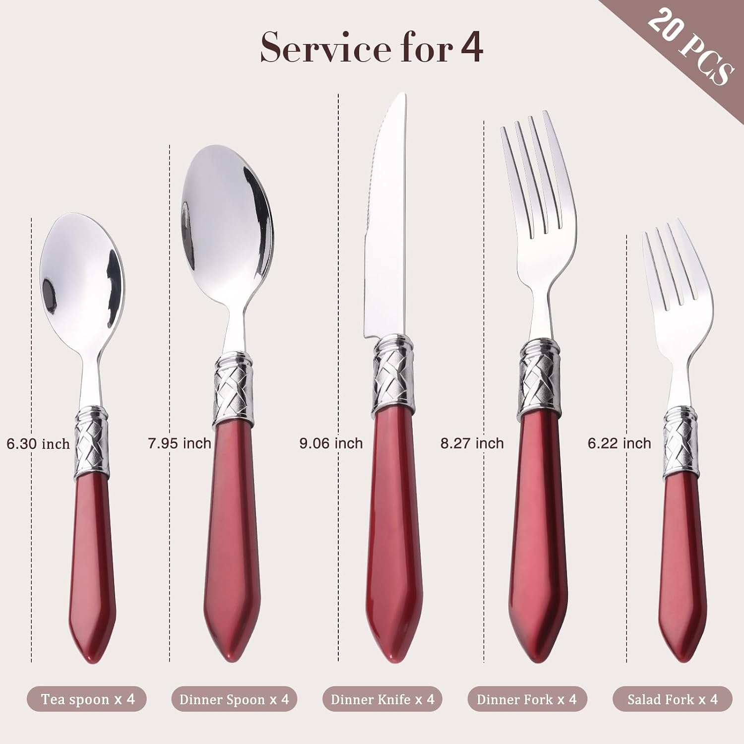 20-Piece Cutlery Set, Retro Rose Red Handle Stainless Steel (Knife, Fork, Spoon, Tea Fork, TeaSpoon) - 4 Person Set, Dishwasher Safe