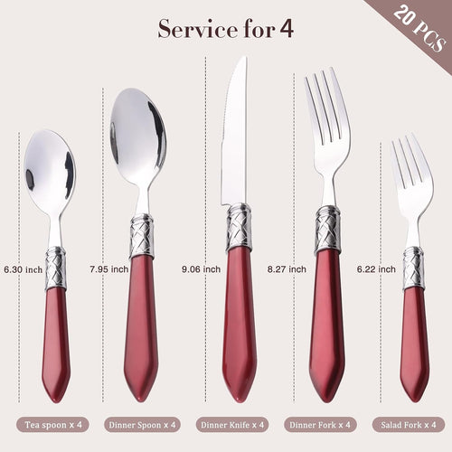 20-Piece Cutlery Set, Retro Rose Red Handle Stainless Steel (Knife, Fork, Spoon, Tea Fork, TeaSpoon) - 4 Person Set, Dishwasher Safe