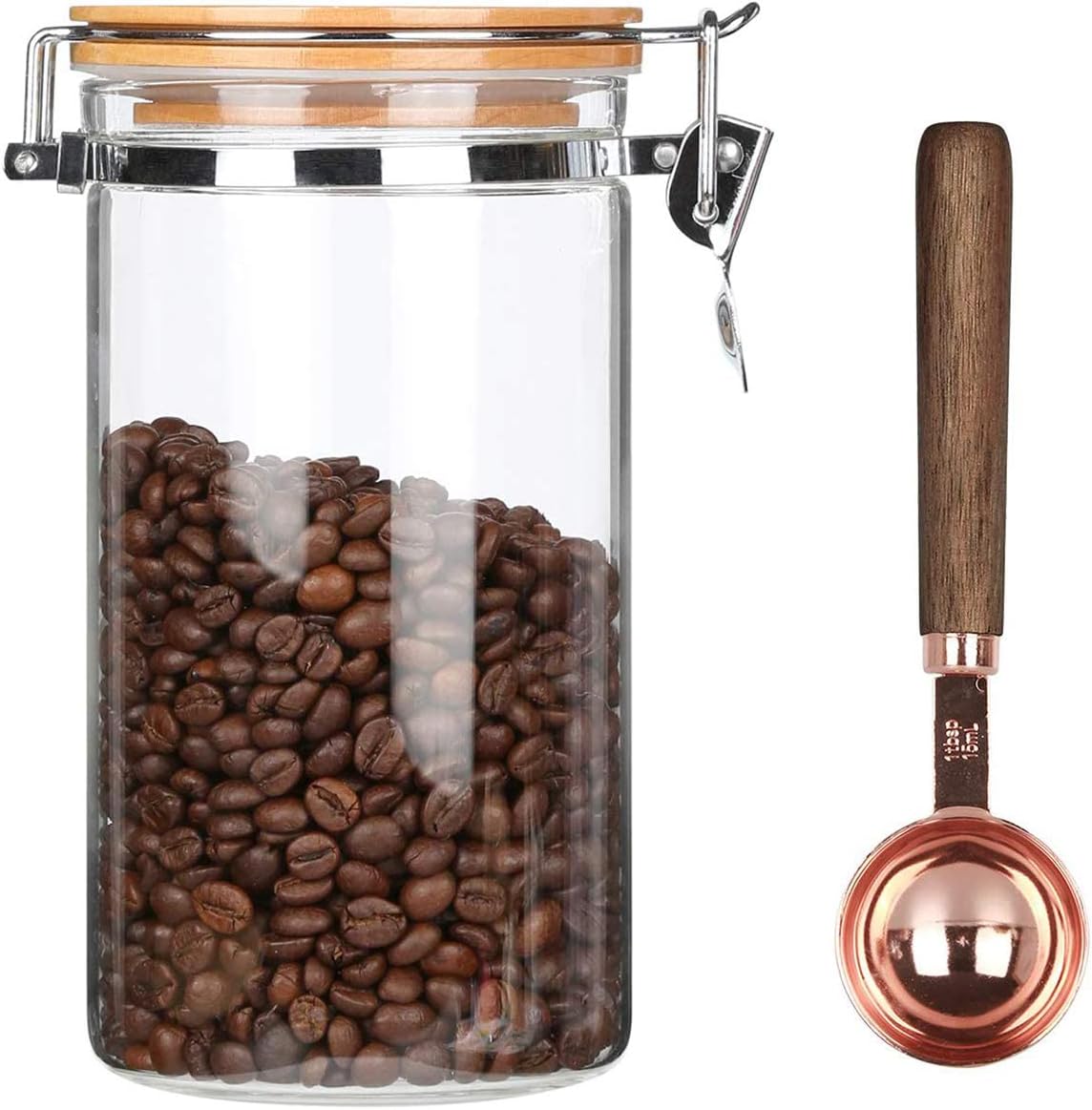 Borosilicate Glass Coffee Bean Storage Container with Airtight Lid,Glass Sealed Jar with Locking Clamp Lid for Coffee Beans,Nuts,Coffee Storage Canister with Spoon for 1 lb Bean,40 Fluid-oz