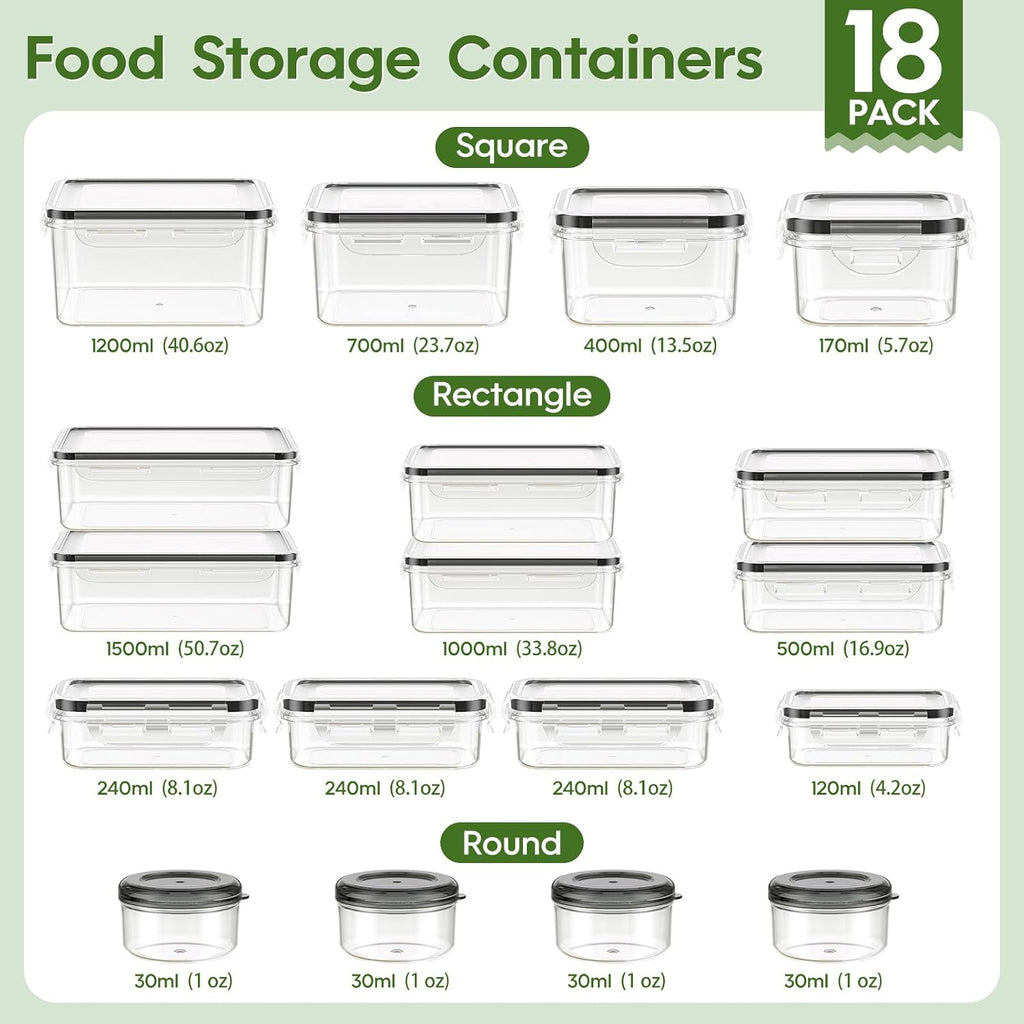 36-Piece Food Storage Container Set with Lids (18 Containers + 18 Lids)
