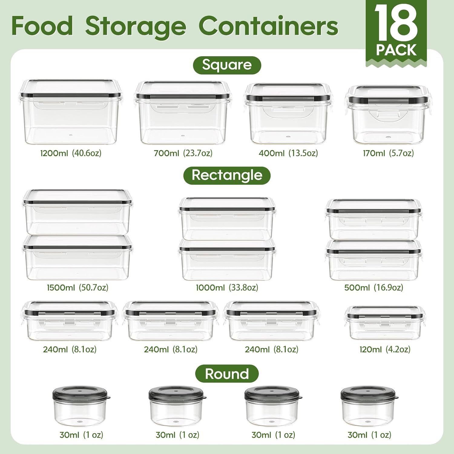 36-Piece Food Storage Container Set with Lids (18 Containers + 18 Lids)