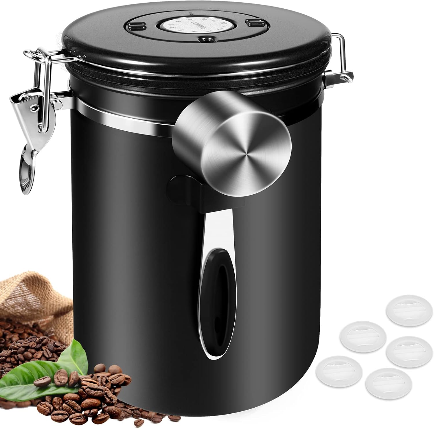 Coffee Canister Airtight 35OZ Large, 2.2 lbs Coffee Storage Container Stainless Steel Air Tight Coffee Jar with Scoop, Date Tracker and CO2 Release Valve for Beans, Ground, Tea, Flour and Sugar, 2.8L