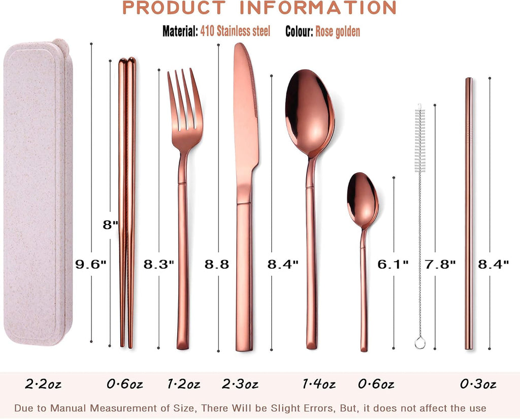 7 Pieces Stainless Steel Flatware Set Portable Reusable Cutlery Set Travel Utensils Set Including Chopsticks Knife Fork Spoon Straws Cleaning Brush Dishwasher Safe (Rose golden)