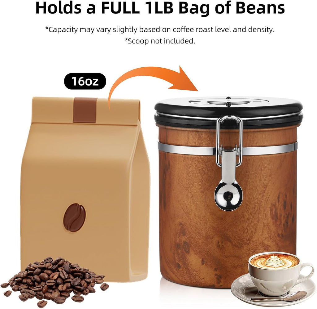 Airtight Coffee Canister with Date Tracker - Holds a Full 1LB Bag of Beans Stainless Steel Container(1.5L), One-Way Valve & Easy-Lock Lid for Coffee Beans, Tea, Sugar Storage
