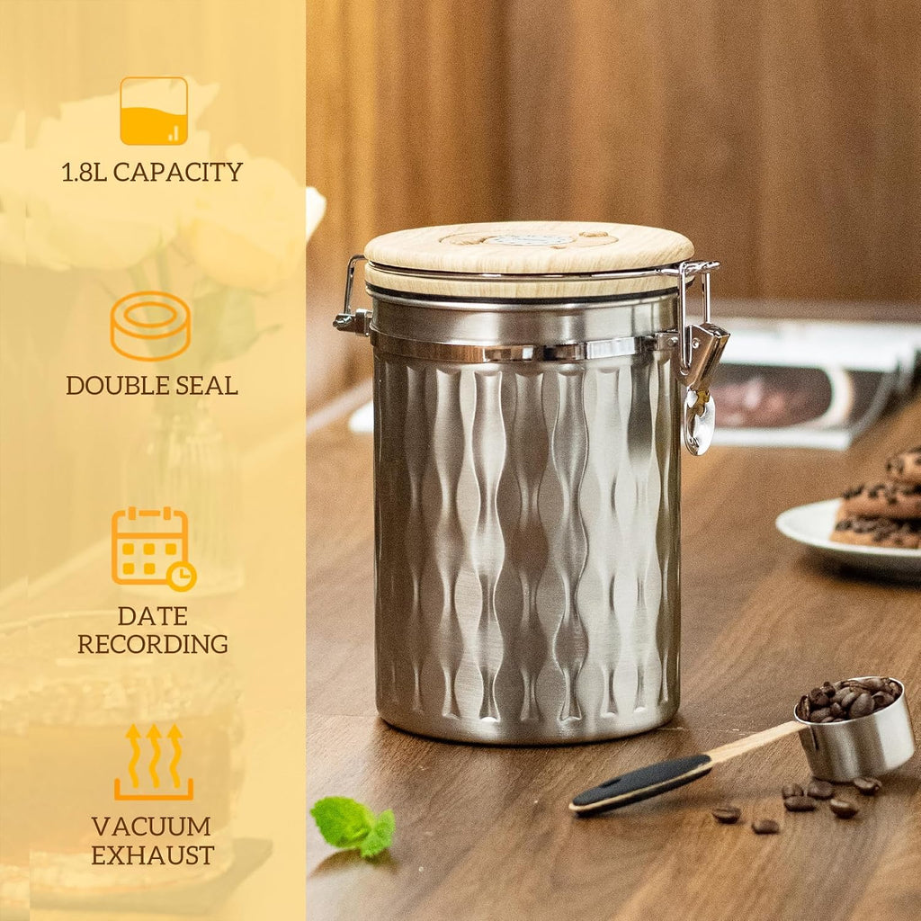 Coffee Container with Sealed Cantilever Lid and Scoop, Airtight Stainless Steel Kitchen Food Storage Canister with Date Tracker, 1.8L(Silver)