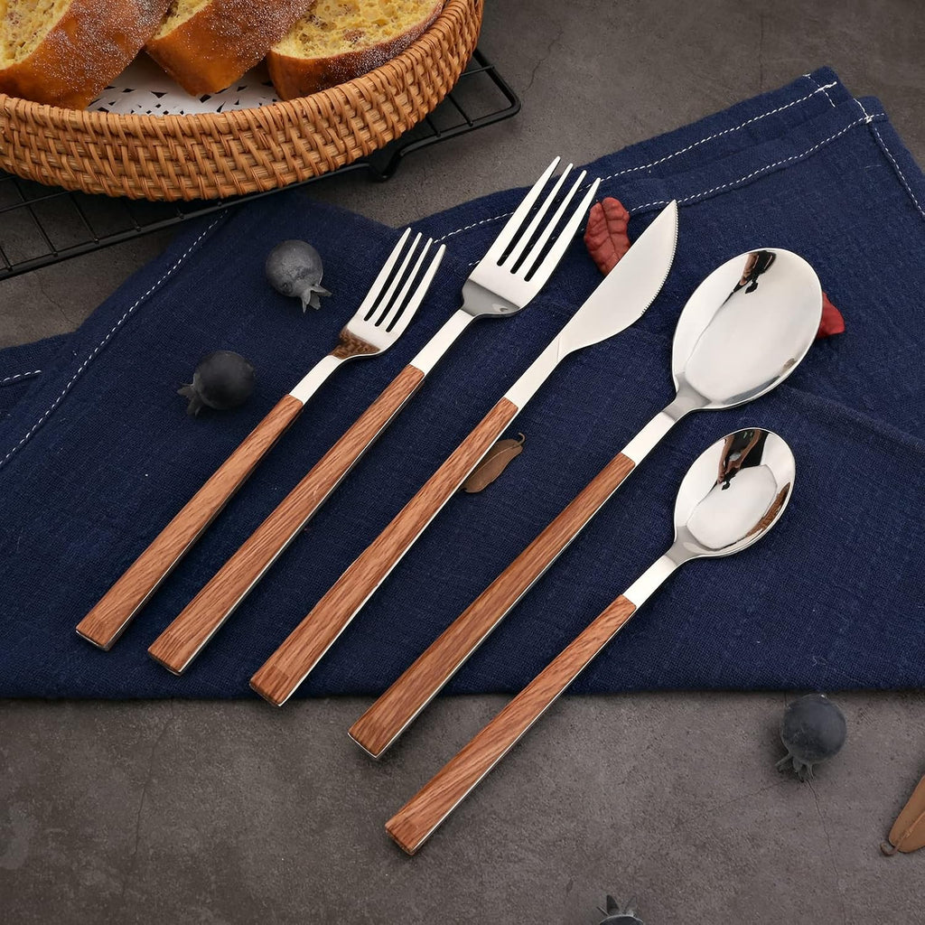 Korean Style Wood Flatware Stainless Steel Fork/Spoon/Knife/Teaspoon with Wooden Square Handle Cutlery Set of 4 Dinnerware for Home, Kitchen, Restaurant, Gift - Silver