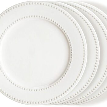 Dinner Plates Set of 4, 10.5 inch White Ceramic Plates, Embossed Salad Plates, Serving Plates for Steak Appetizer, Reusable Kitchen Dining Plates for Restaurant, Dishwasher Microwave Safe