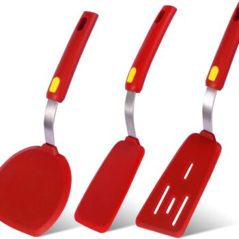 Silicone Spatula  Heat Resistant 600°F 3 Piece Set Non Scratch Flexible Slotted and Solid Thin Rubber Spatula Flipper for Cooking Pancake,Egg,Fish,Burger,Steak for Nonstick Cookware,Red