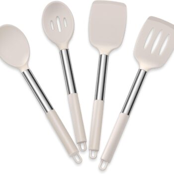 Cooking Utensils Set of 4, Silicone Kitchen Utensils for Non-stick Cookware, Heat Resistant & Non-toxic Slotted Spatula Solid Spoon Turner for Flipping Mixing Serving Basting(Khaki)