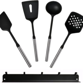 Silicone Spatula Set,5-Piece Food Grade Rubber Spatulas with Stainless Steel Magnetic Handle High Heat Nonstick Cookware Resistant BPA Free Cooking Utensils Ideal for Burger Eggs Pancakes(Black)