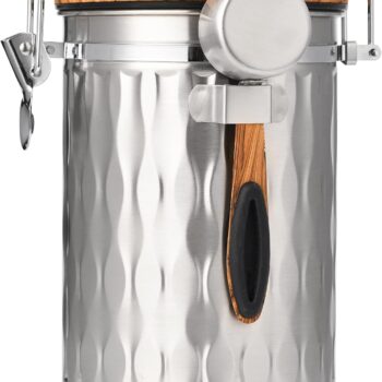 Coffee Container with Sealed Cantilever Lid and Scoop, Airtight Stainless Steel Kitchen Food Storage Canister with Date Tracker, 1.8L(Silver)