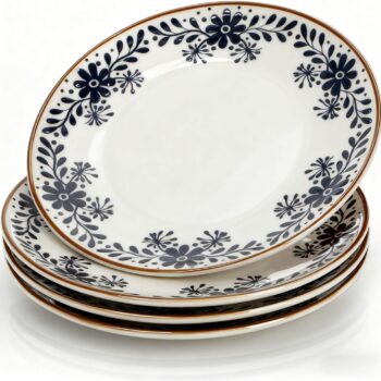 4 Pack Ceramic Dinner Plates, 10" Round Appetizer Plates, Blue Floral Dessert Serving Dishes, Vintage Salad Plate, Scratch Resistant Dinnerware for Kitchen, Microwave Dishwasher Oven Safe