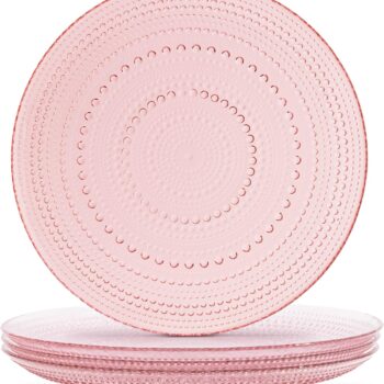 Pink Hobnail Plates, Set of 4 Glass Vintage 10.5” Dinner Plates that are Dishwasher Safe