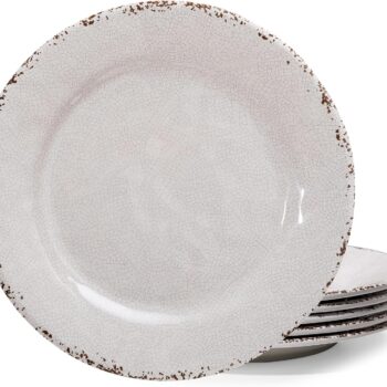 Classic Vintage White Melamine Dinner Plate Set, 11-inch Lightweight Round Kitchen Plates Set for Salad, Pasta –Unbreakable RV, Camping Dining Serving Dishes for Parties, Set of 6…